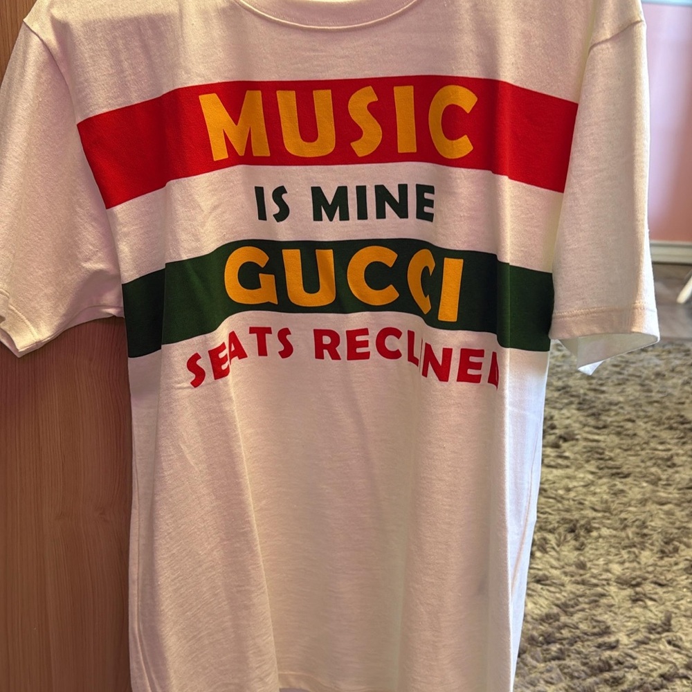 Gucci White T-Shirt with Red, Yellow, and Green Text